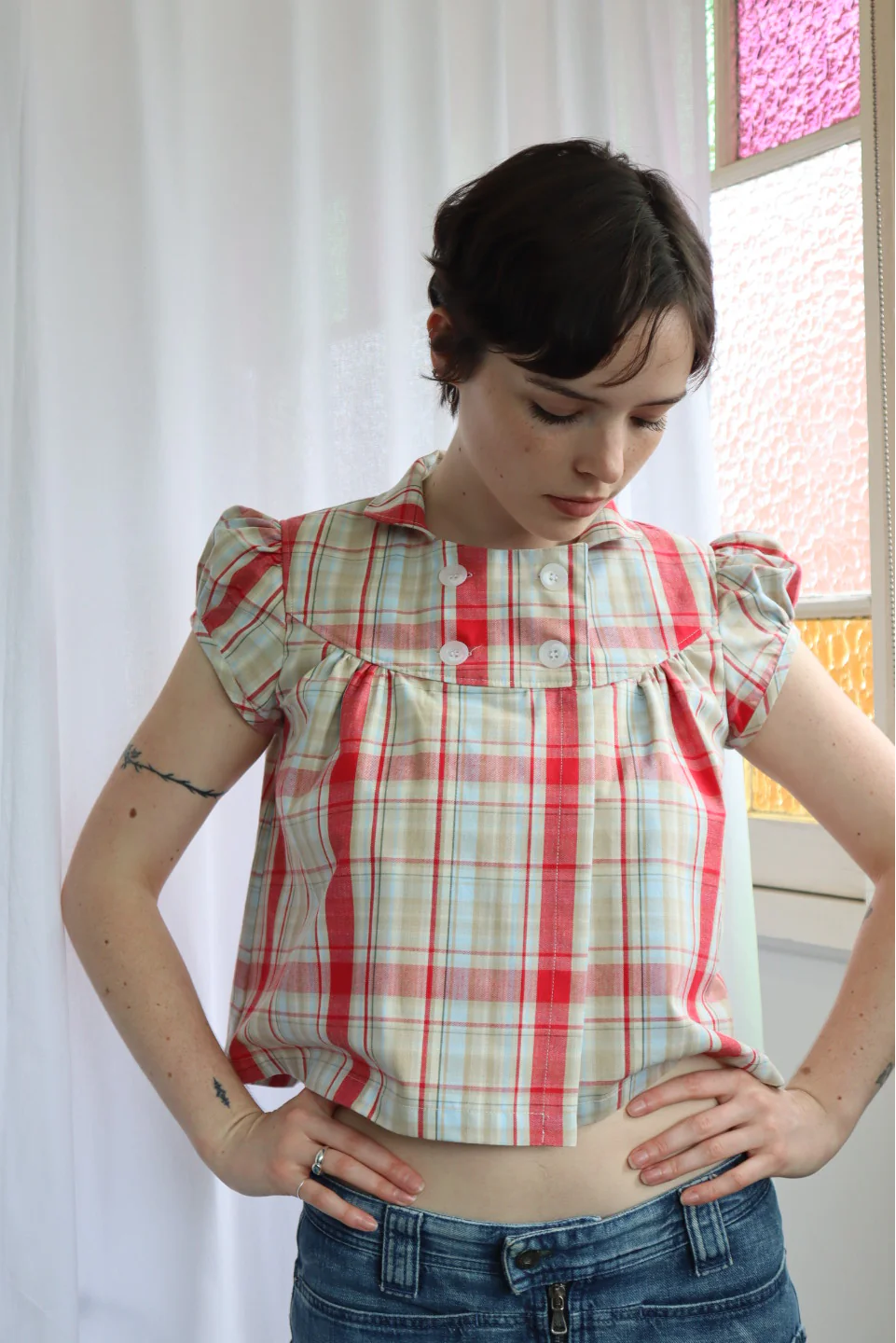 Baby Button Top (Strawberry Plaid)