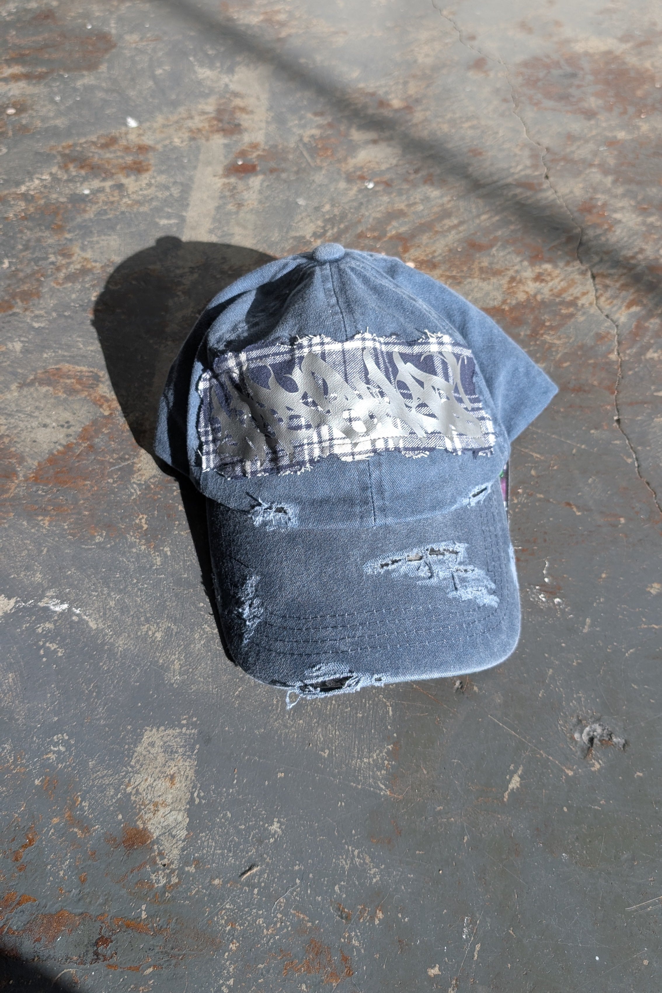 Distressed Cap (Navy Plaid/Silver)