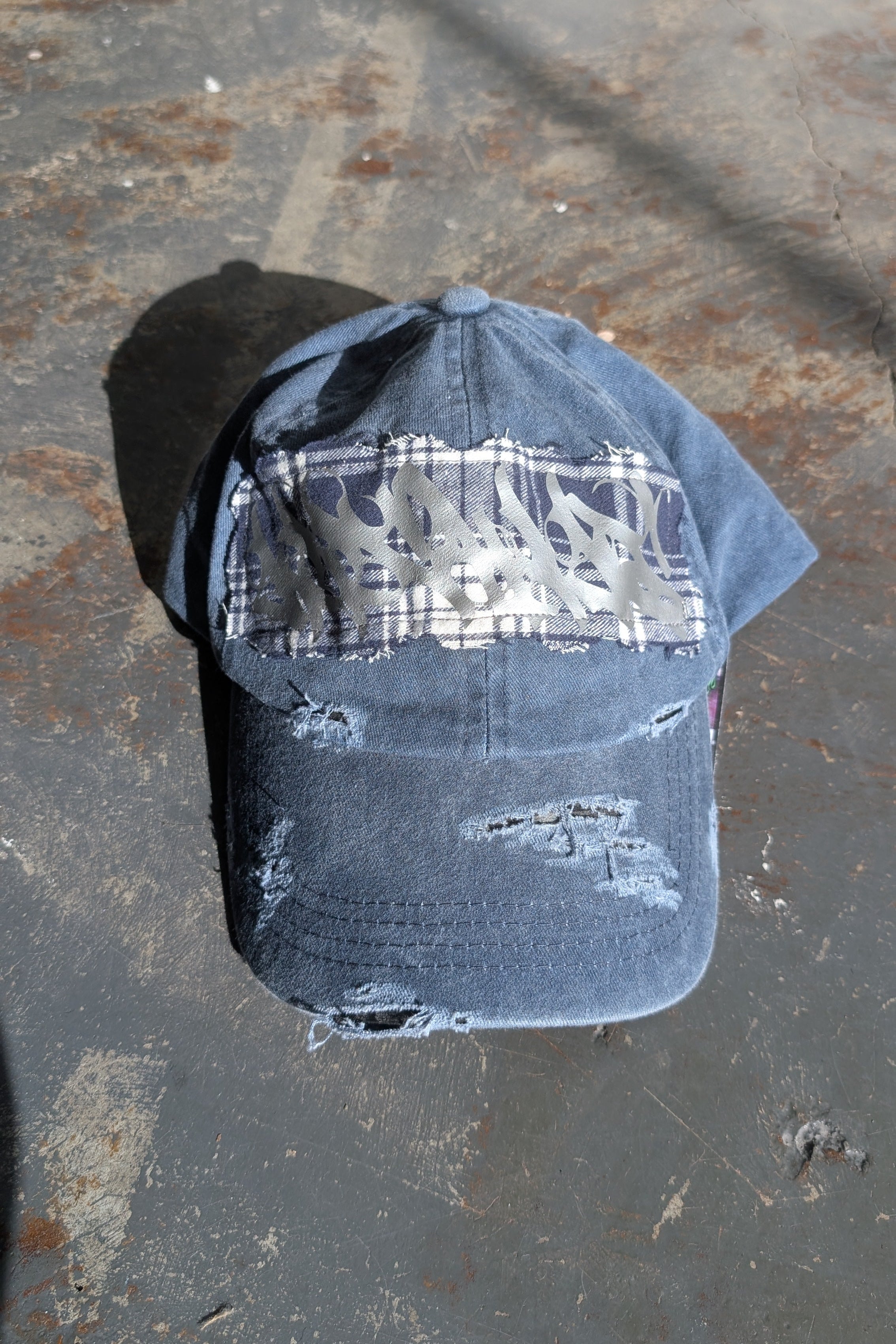 Distressed Cap (Navy Plaid/Silver)