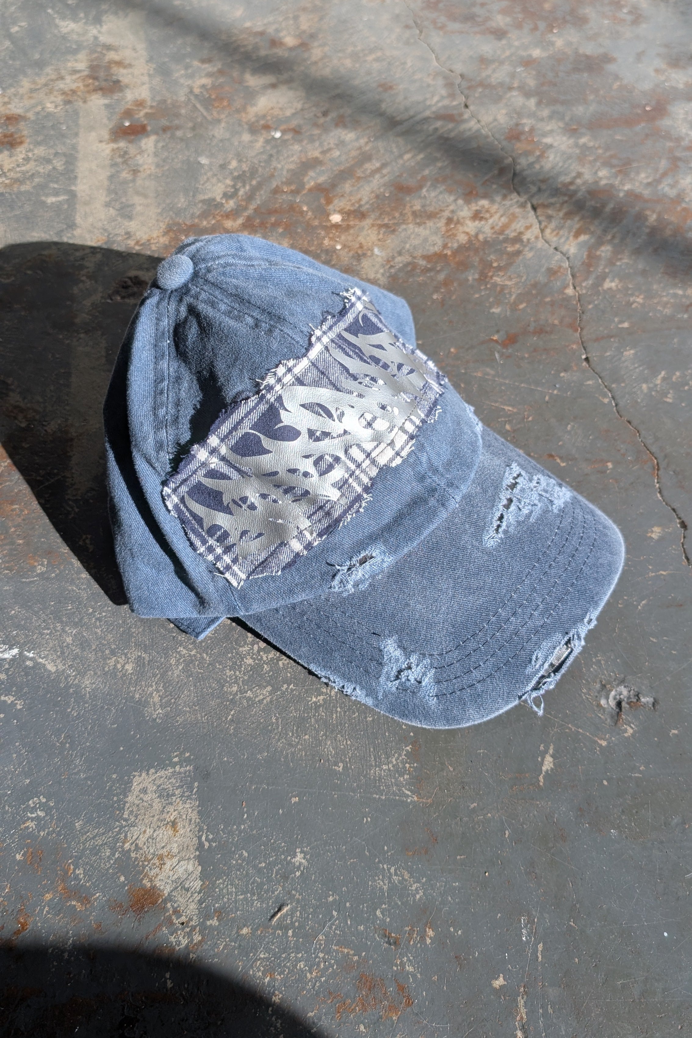 Distressed Cap (Navy Plaid/Silver)